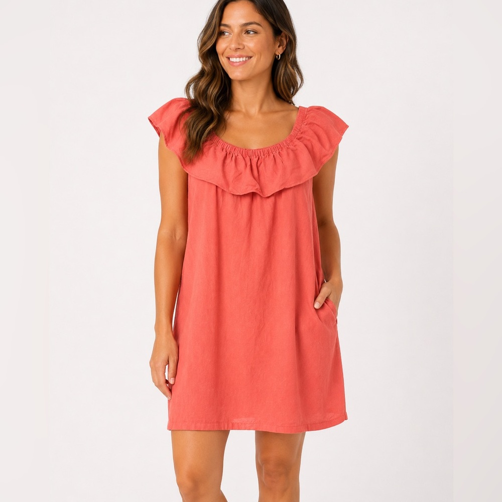Tommy Bahama linen blend Coral Ruffle-Trim Mini‎ Dress L